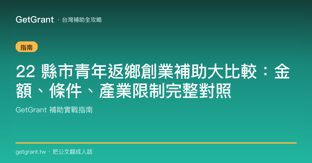 22 縣市青年返鄉創業補助大比較:金額、條件、產業限制完整對照